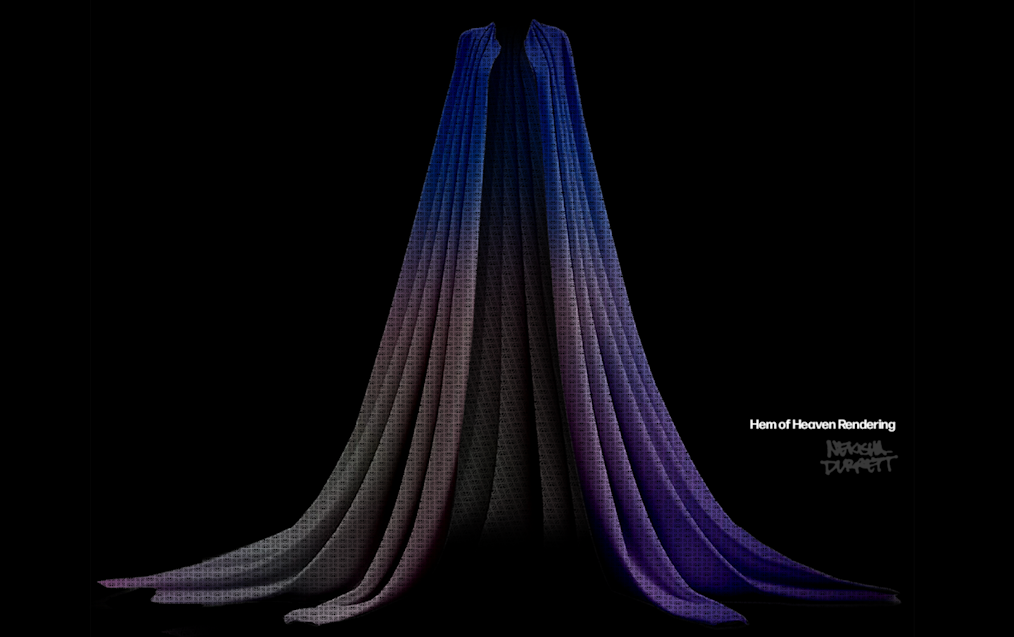 A mockup of Nekisha Durrett's art installation, Hem of Heaven. The image features a long cloak that has a ombre effect of colors featuring shades of blue, purple, gold, yellow, pink, and red.