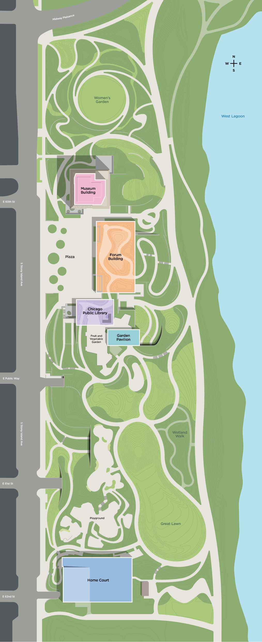 A map of the Obama Presidential Center campus. The map includes a drawing of the Museum Building, Forum Building, Chicago Public Library, the Garden Pavillon, and Home Court.