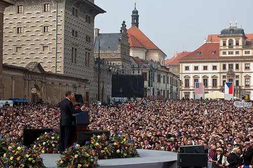 President Obama speaks to a crowd of people.