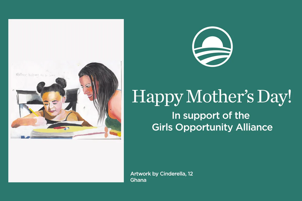 A card reads "Happy Mother's Day" in support of the Girls Opportunity Alliance next to an illustration of a mom helping her daughter with her homework.