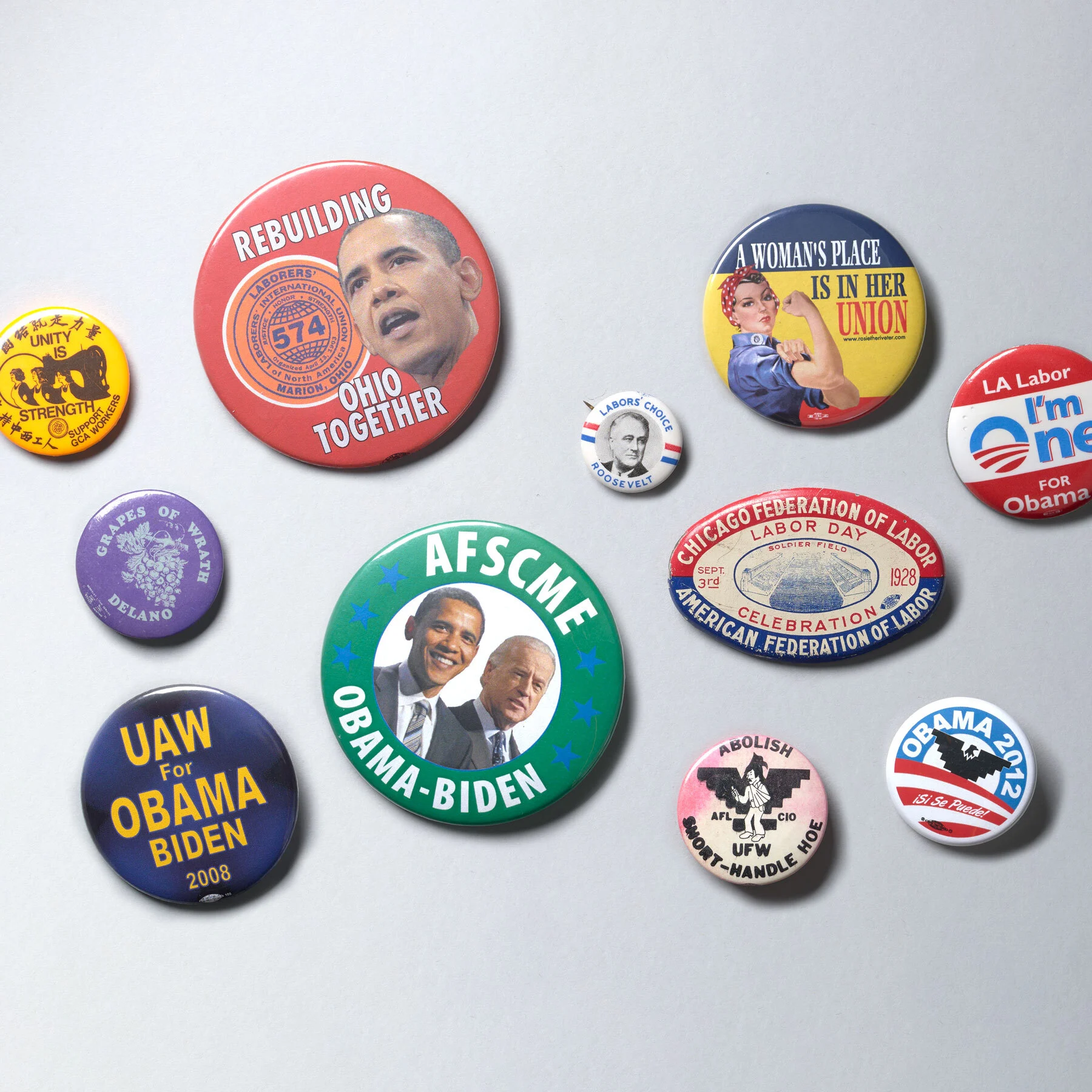 A composite of 11 different buttons from labor unions that supported President Obama with each button reflecting a different union.