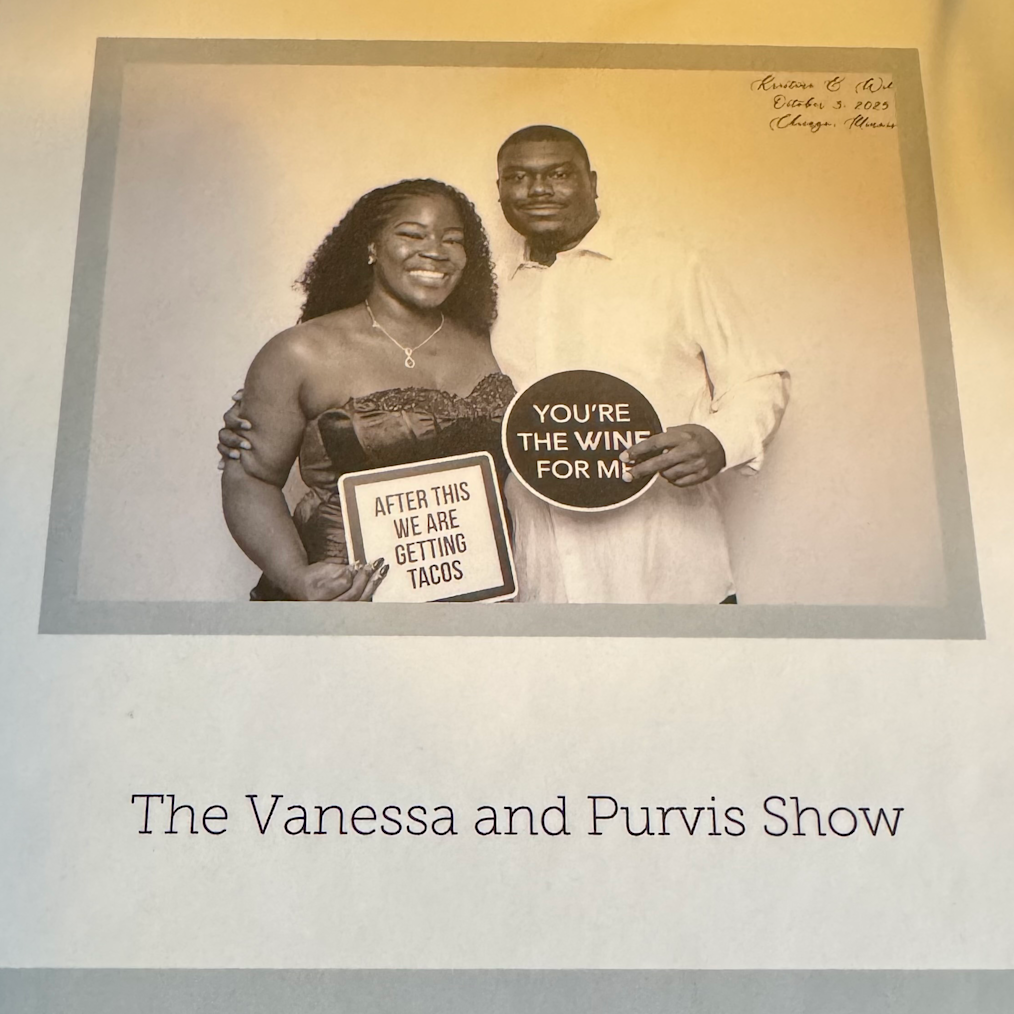 The cover of Vanessa’s custom proposal book features black and white shot of the smiling couple. Vannessa Beene is a Black woman with a dark skin tone. Purvis Funches is a Black man with a dark skin tone.