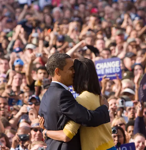 Senator Barack Obama speaks in front of the Ohio State Capitol