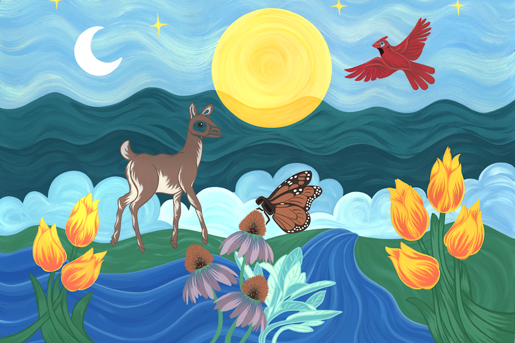 An illustration of a deer, a butterfly on a flower, and a cardinal in the sky next to a big yellow son. Gradient blue ocean waves are in the background.