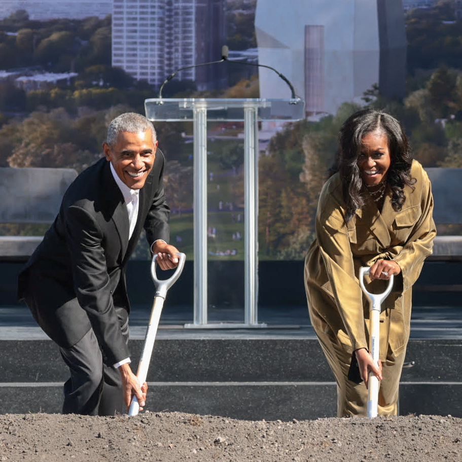 A split image, with type on one side that says "Hope to Action" and a photo of Barack and Michelle Obama holding shovels and digging on the other side.