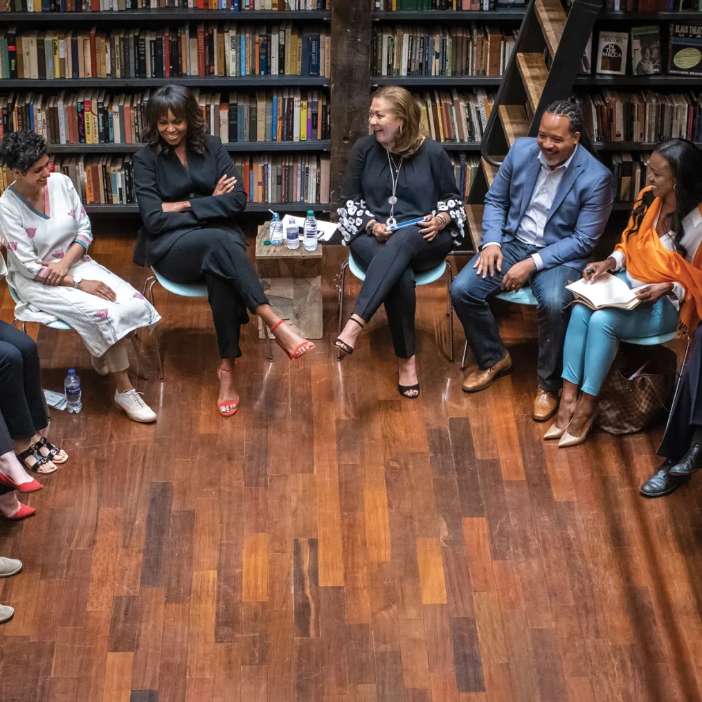 Mrs. Obama speaks with the 2018 Obama Foundation Fellows at their first gathering.