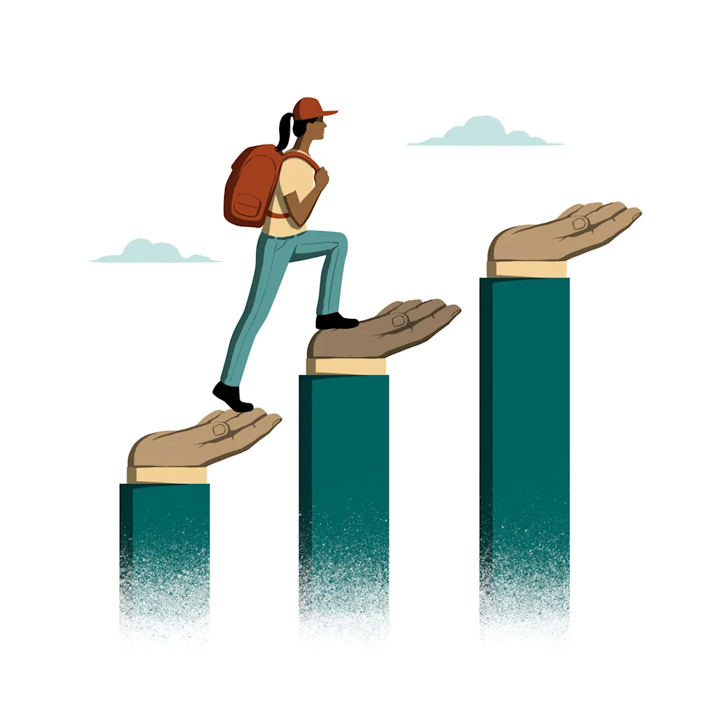Illustration of a student climbing a stairway that leads into an abstracted sky. Each stair is actually the palm of a hand, and the resulting visual metaphor suggests that the student’s ascent is assisted by others.