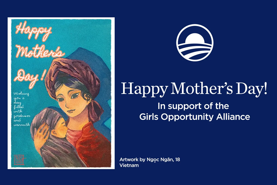 A card reads "Happy Mother's Day" in support of the Girls Opportunity Alliance next to an illustration of a mom holding a baby.