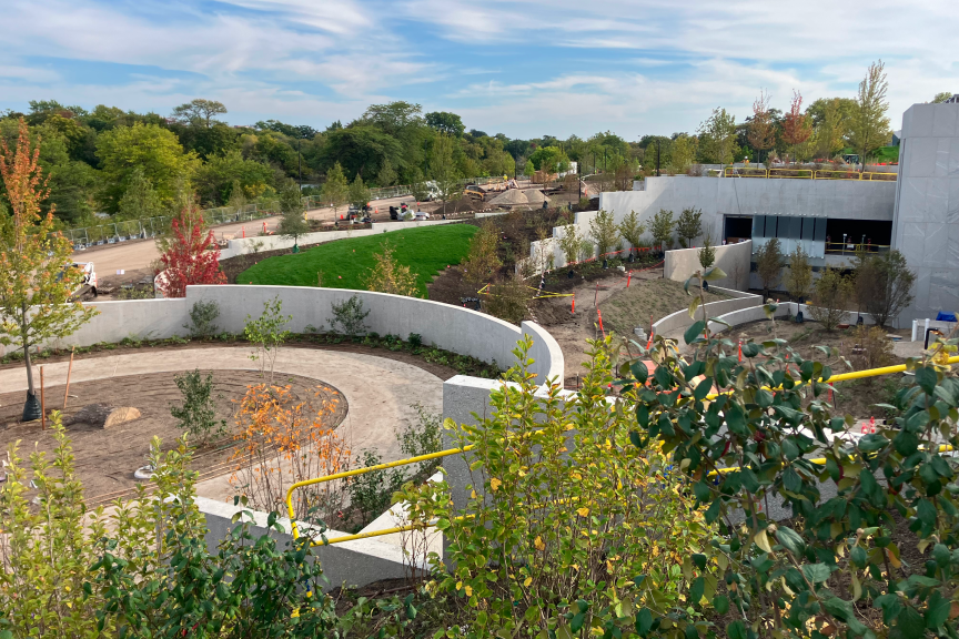 A photograph of the exterior landscaping of the Obama Presidential Center campus. The image features several trees. In the background is a side view of the Forum. It is sunny outside and the sky is blue.