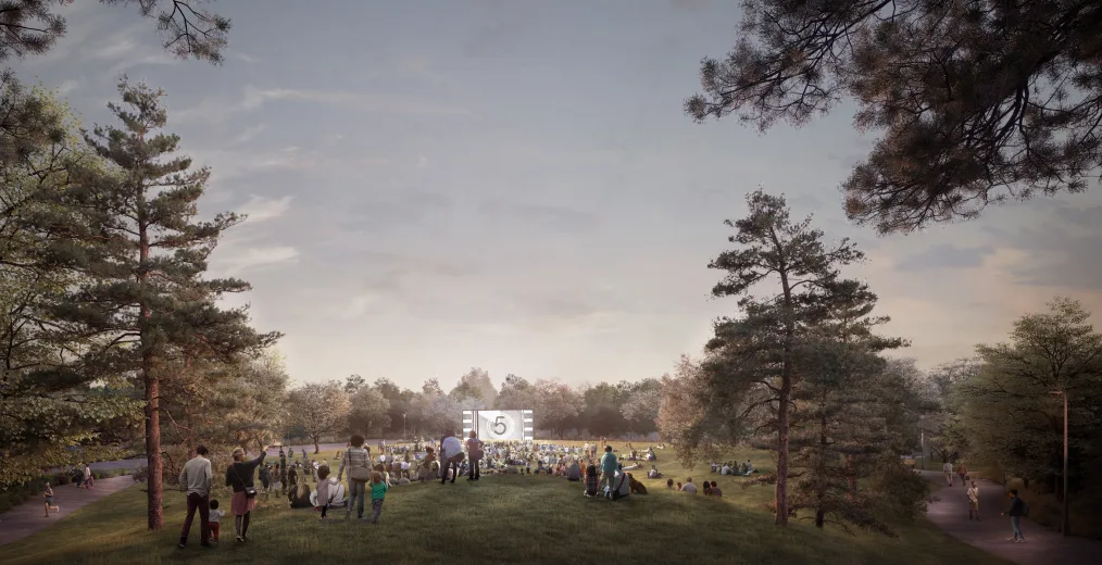 A rendering of the Great Lawn shows a movie night in the park with a large crowd gathered at dusk.