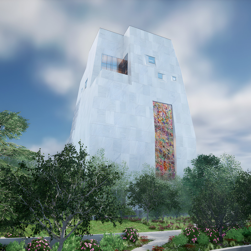 A rendering of the Obama Presidential Center campus from the north facing side. At the bottom of the rendering are several planted bushes that surround the area. In the center of the image is the Obama Presidential Center Museum building. The building is made of granite and stone. From the angle of the rendering, the image show the art installation of Julie Mehretu entitled "Uprising of the Sun." The mosaic art installation includes multiple colors and is glass.