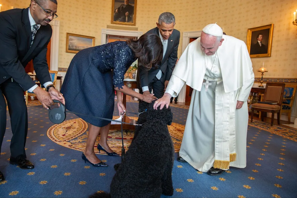 Bo and Sunny the dogs are being greeted by Pope Francis in the Oval Office. Pope Francis is bent over petting the top of Sunny the dog’s head. Behind Pope Francis President Barack Obama and Michelle Obama pet Bo the dog on the top of his head.