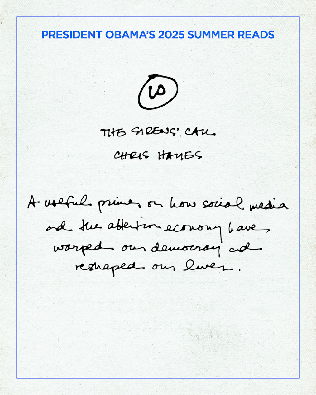 A graphic reads, “President Obama’s 2025 Summer Reads” and lists his top 10 picks