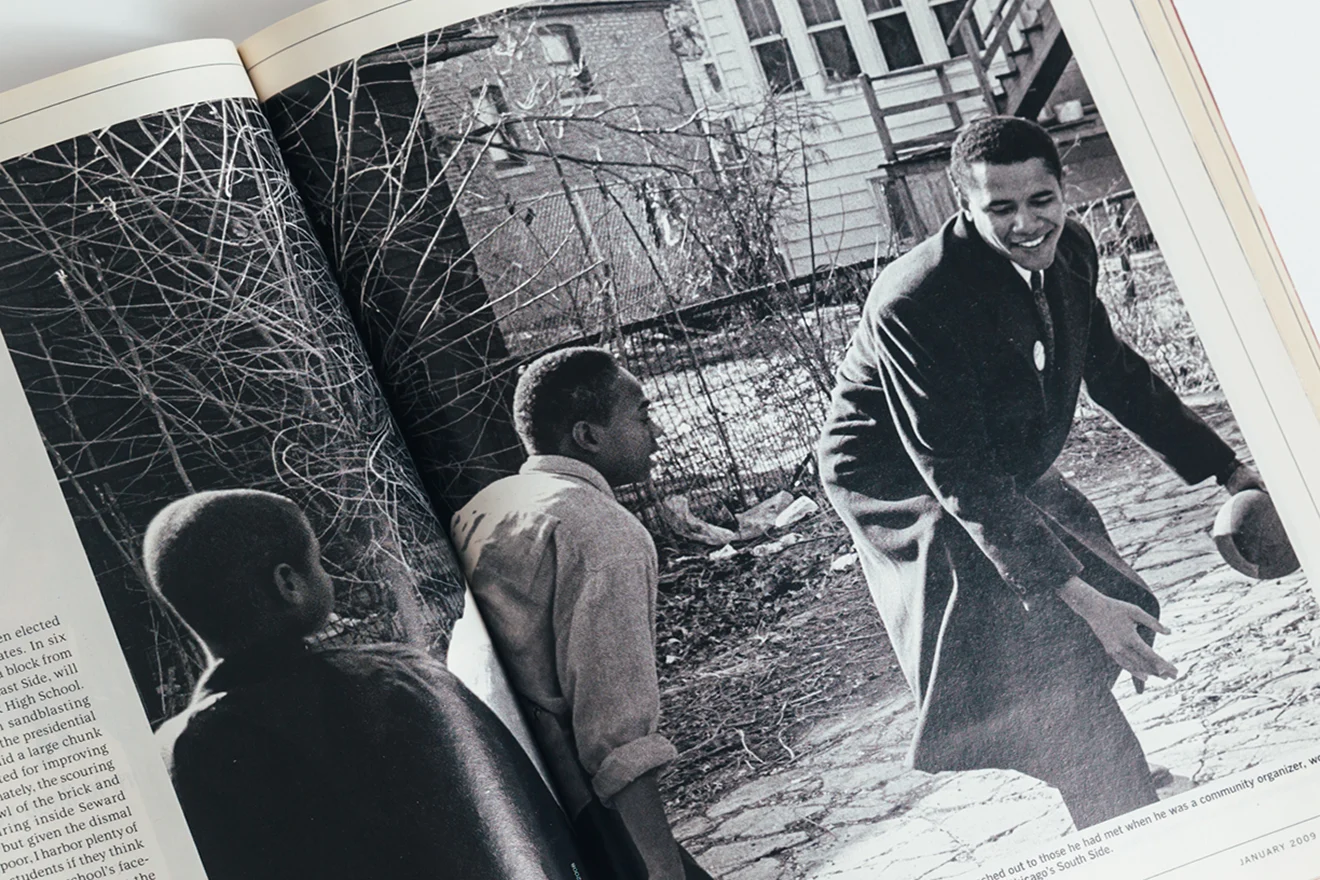 A photo of a magazine page that features a young Barack Obama and two others.