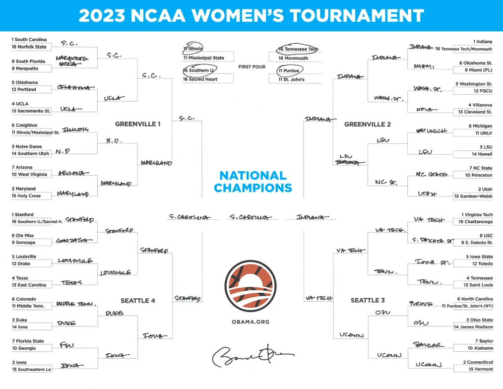 Men's/Women's tournament brackets handwritten by President Obama, with Duke/South Carolina selected as national champions.