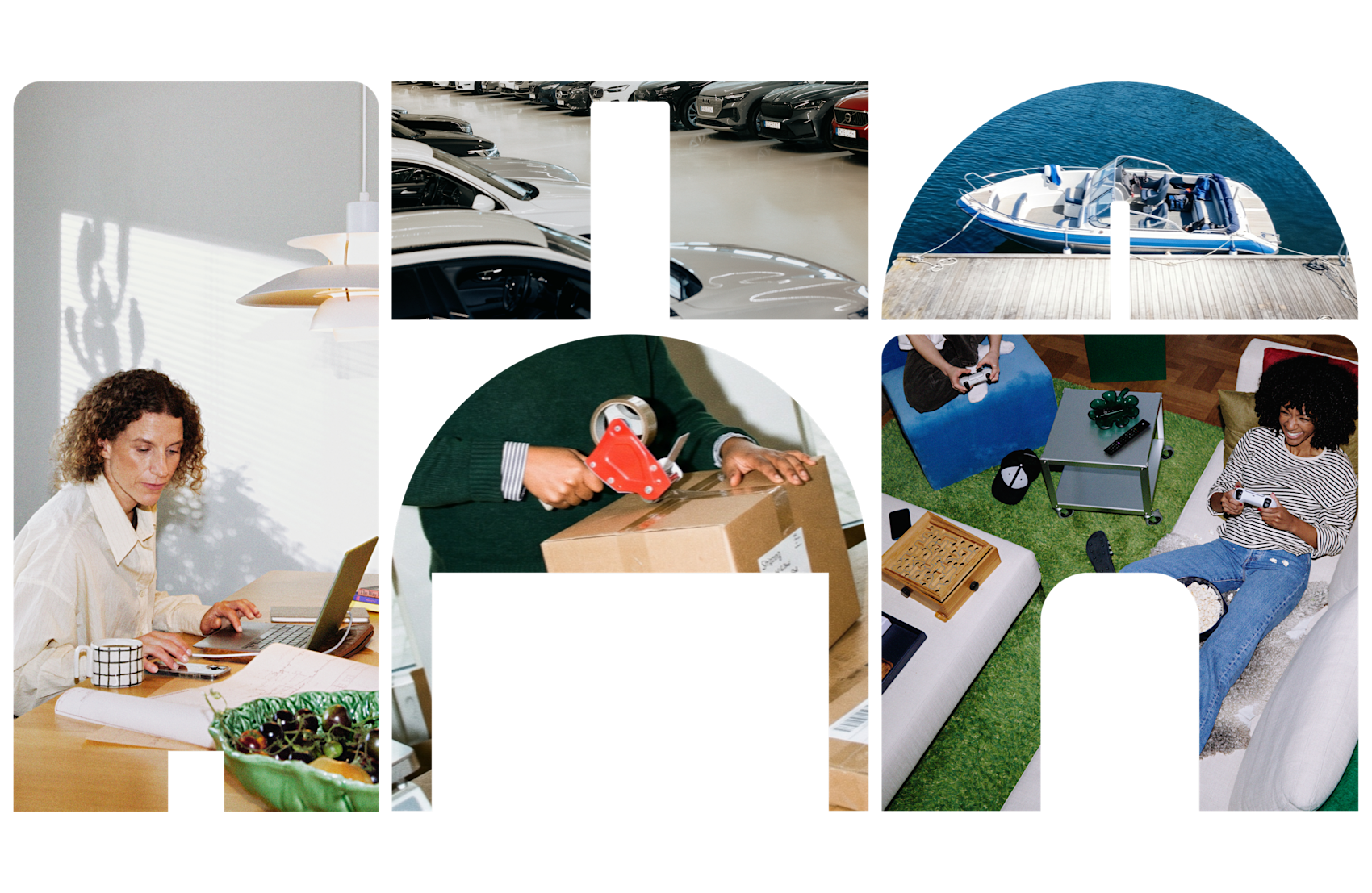Kollage med kvinna vid laptop, bilar i garage, båt vid brygga, person tejpar paket och kvinna som ler i soffa.