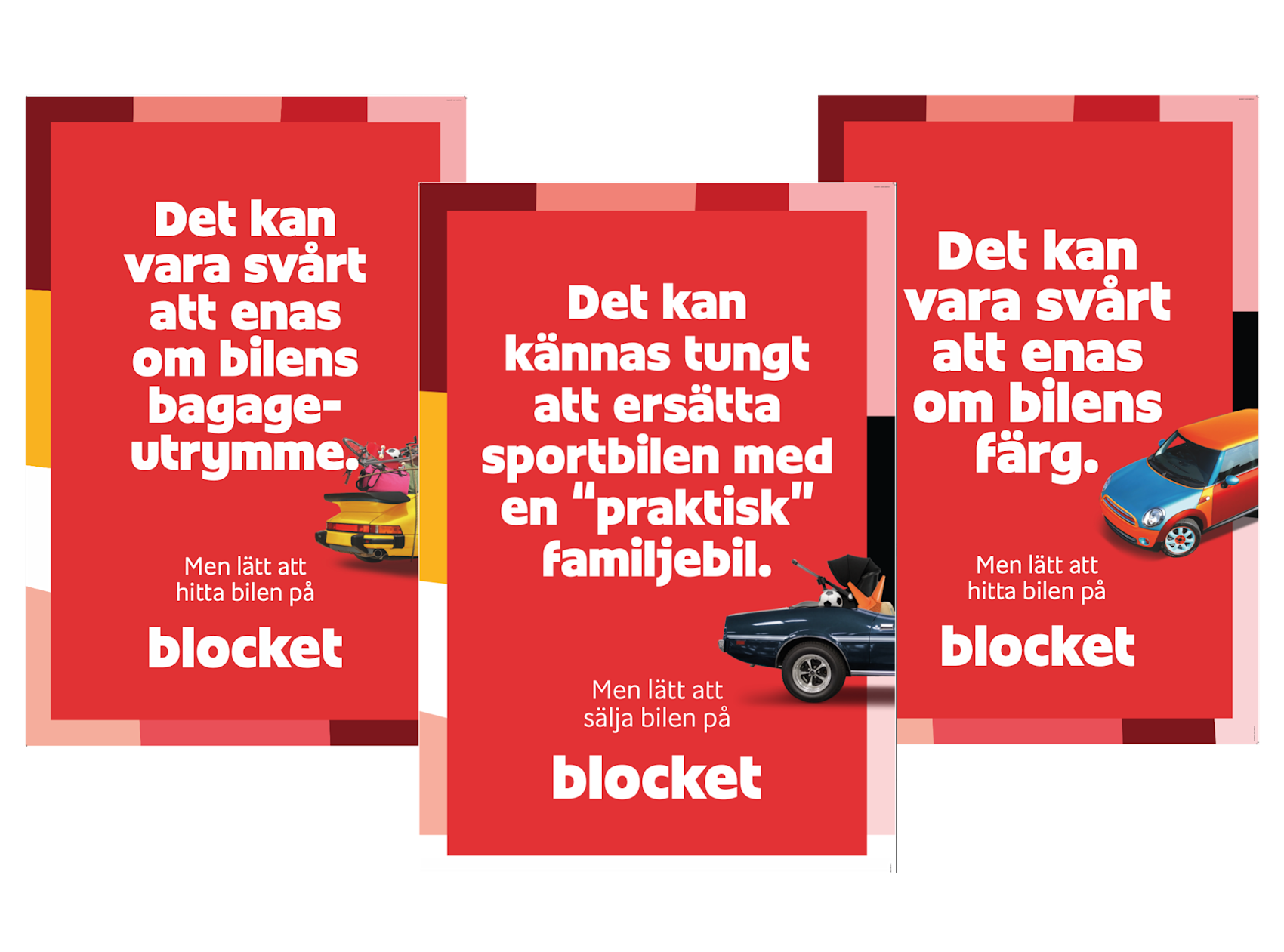 Tre röda annonser som visar olika bilrelaterade utmaningar med lösningen att sälja bilar på Blocket.