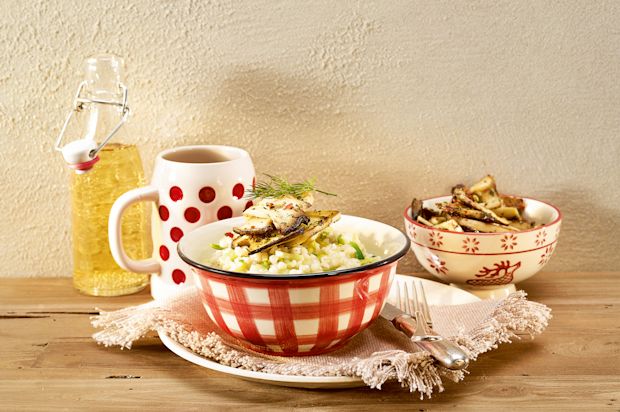 Gerstotto mit gebratenen Kräuterseitlingen