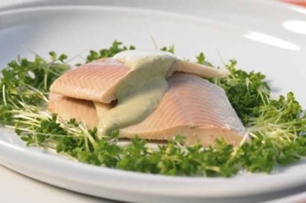Geräuchertes Forellenfilet mit Basilikumsauce