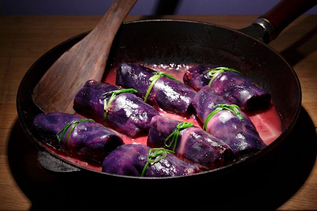 Rotkabisröllchen mit Gemüse-Brät-Füllung