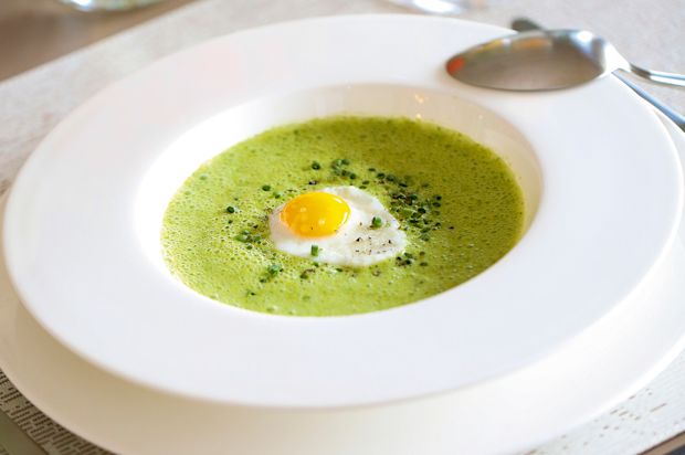 Kopfsalatsuppe mit Wachtel-Spiegelei