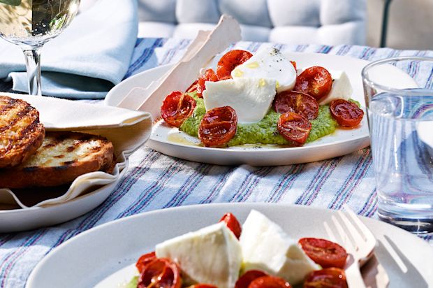 Mozzarella mit Rösttomaten auf Erbsenmousseline