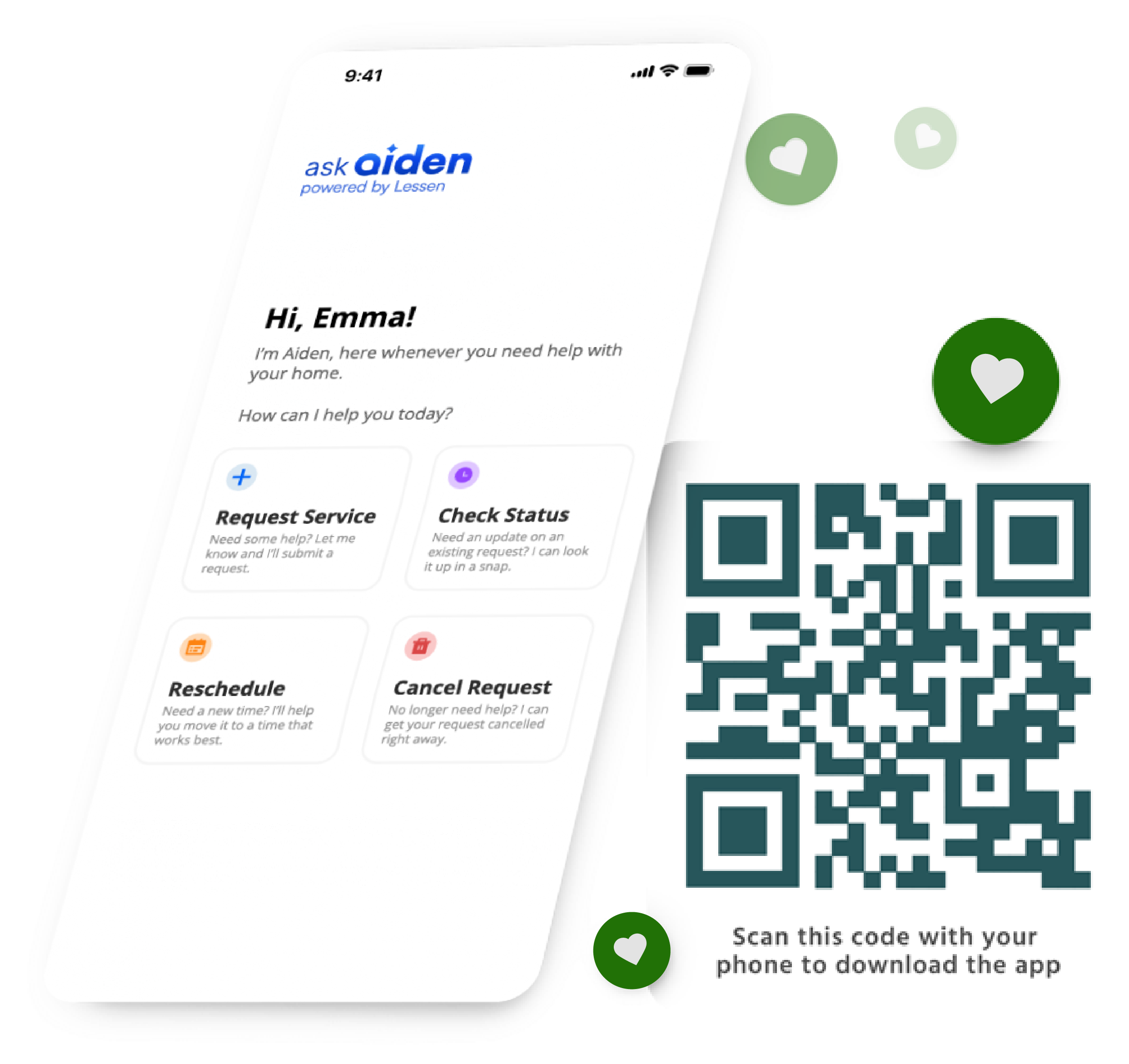 Invitation Homes Maintenance app screenshot of Aiden and QR code to download the app