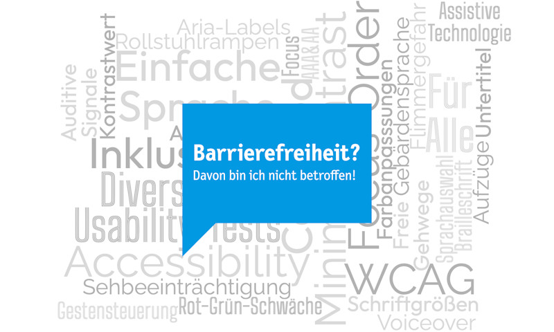 A word cloud of German terms about accessible design. In the middle stands the question: 