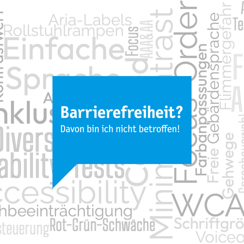 A word cloud of German terms about accessible design. In the middle stands the question: 