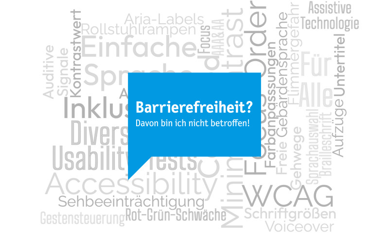 Eine Wordcloud mit Begriffen, die mit Barrierefreiheit assoziiert werden. In der Mitte ist eine Sprechblase, in der steht: 