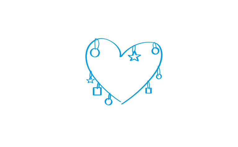 A blue heart, decorated like a Christmas tree.