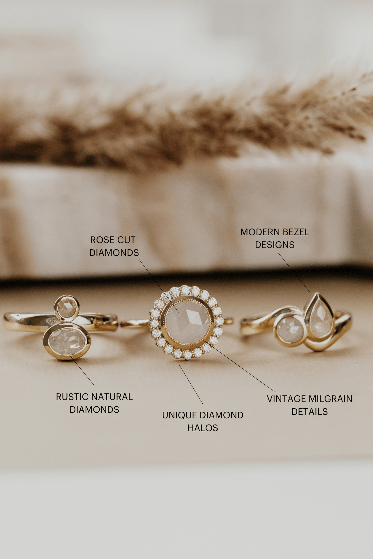 Three rustic diamonds in different design styles with callouts to the design elements.