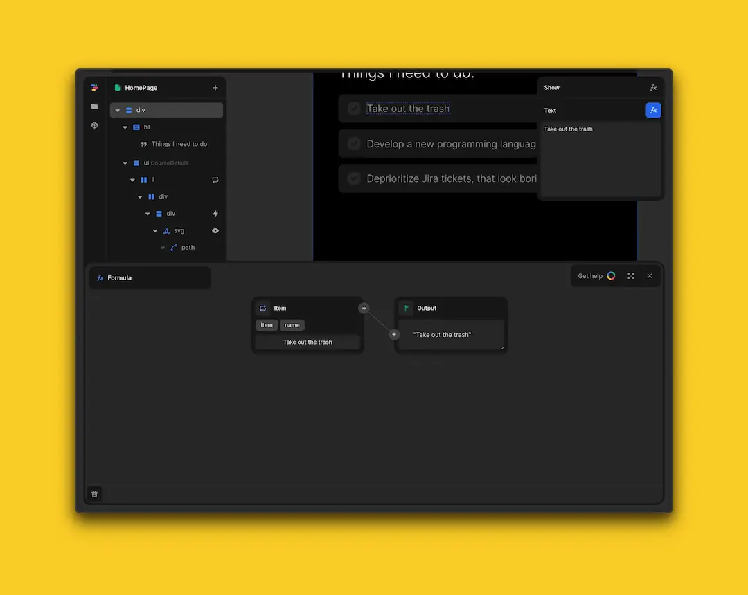 Insert text dynamically in toddle with formulas.