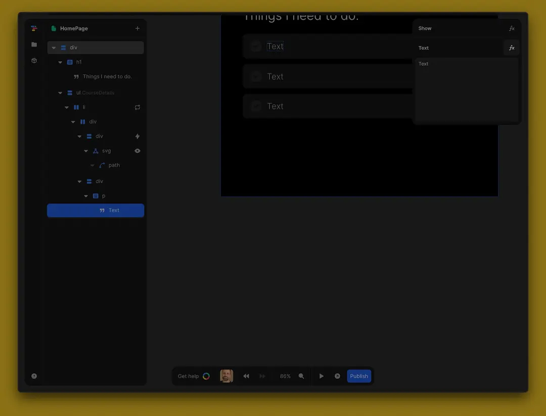 This is how you add a formula to a text element to have it update dynamically in toddle.