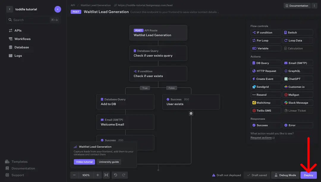 Deploy the route by clicking the “Deploy”-button and confirming to deploy in the window that pops up.