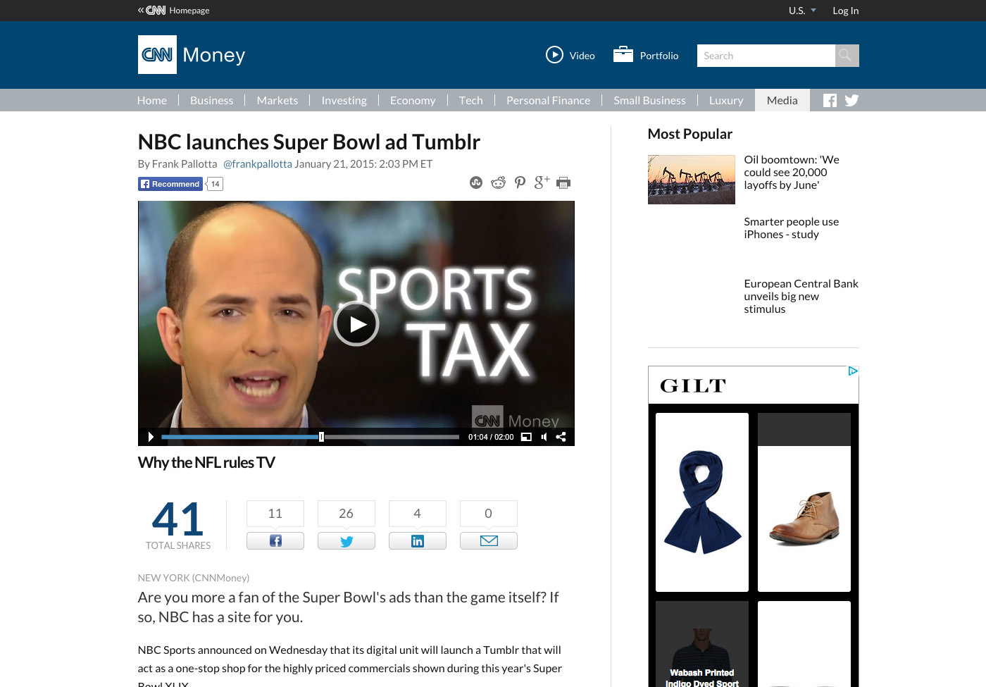 CNN Money coverage of the NBC Sports Super Bowl site: "NBC launches Super Bowl ad Tumblr"