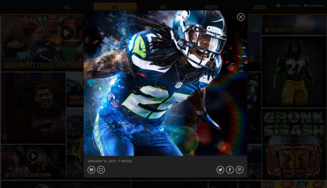 An NFL GIF opened in a modal window over the homepage of the NBC Sports Super Bowl site