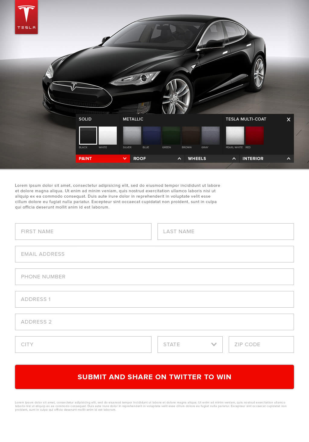 Homepage "build your custom Tesla" design for the Tesla promotional site