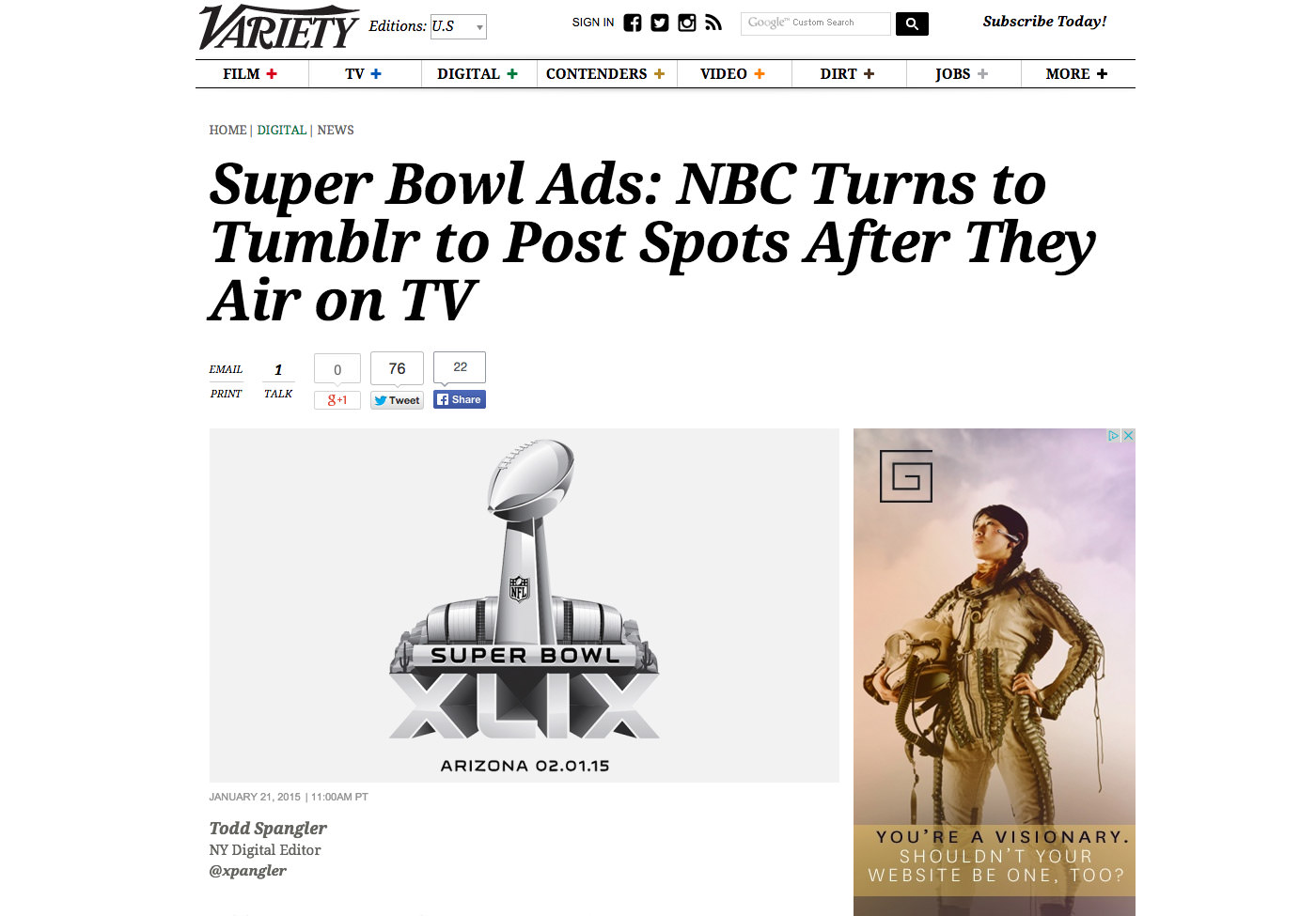 Variety coverage of the NBC Sports Super Bowl site: "Super Bowl Ads: NBC Turns to Tumblr to Post Spots After They Air on TV"