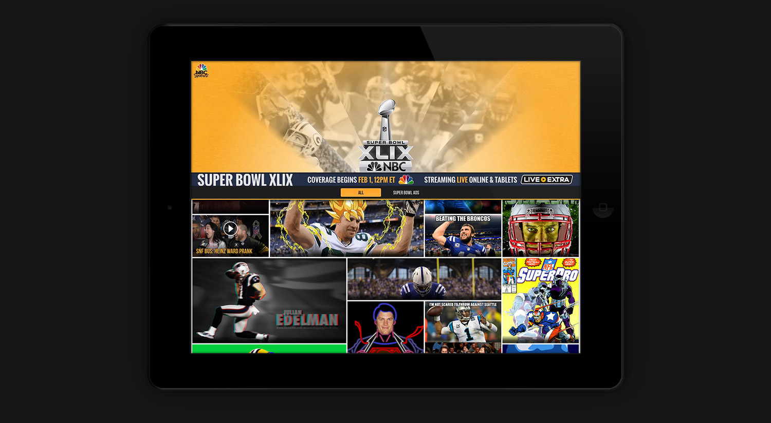 The NBC Sports Super Bowl site displayed on a tablet