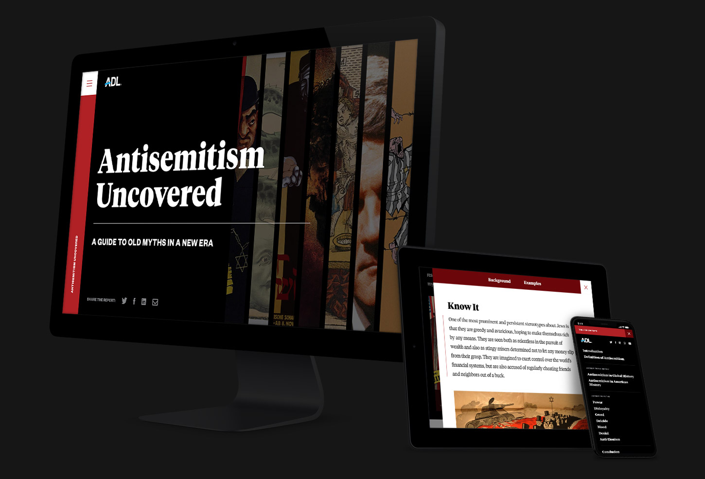 The Antisemitism Uncovered website displayed on a computer, tablet, and phone
