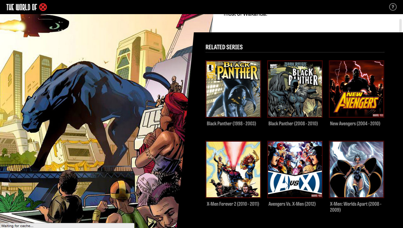 Detail view on the World Of X site showing Marvel comic series related to each location