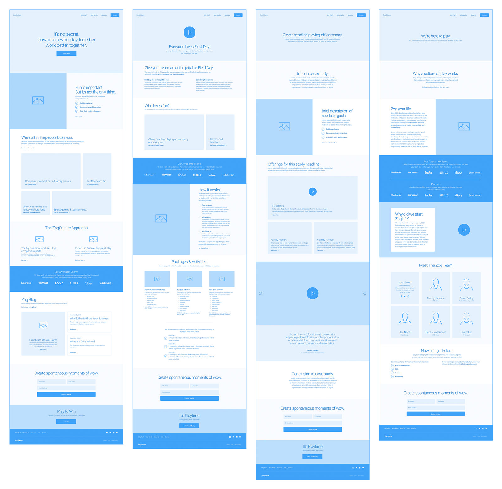 Wireframes laying out content hierarchy and modules for the ZogCulture site