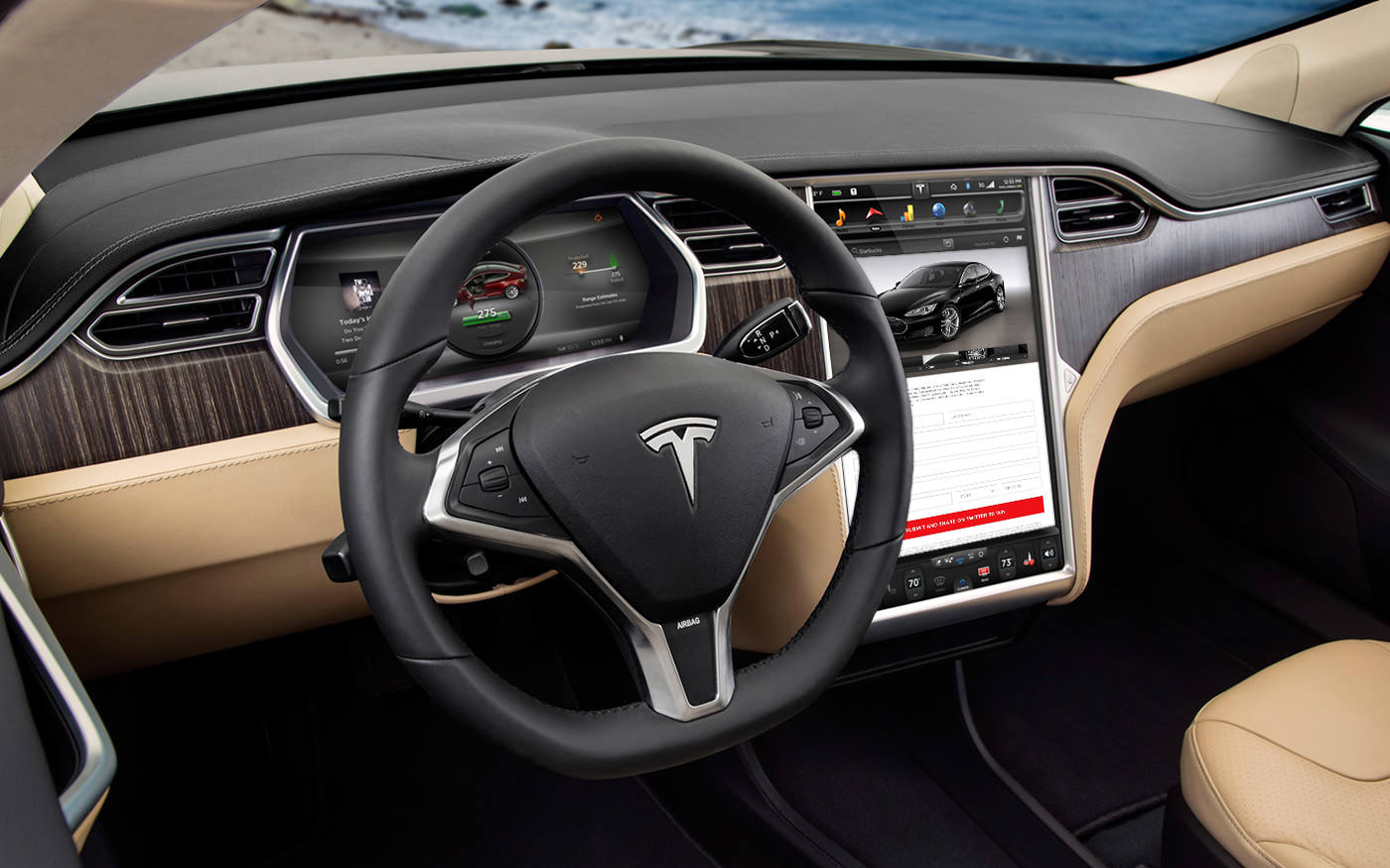 Homepage design for the Tesla promotional site shown on a Tesla's in-dash screen