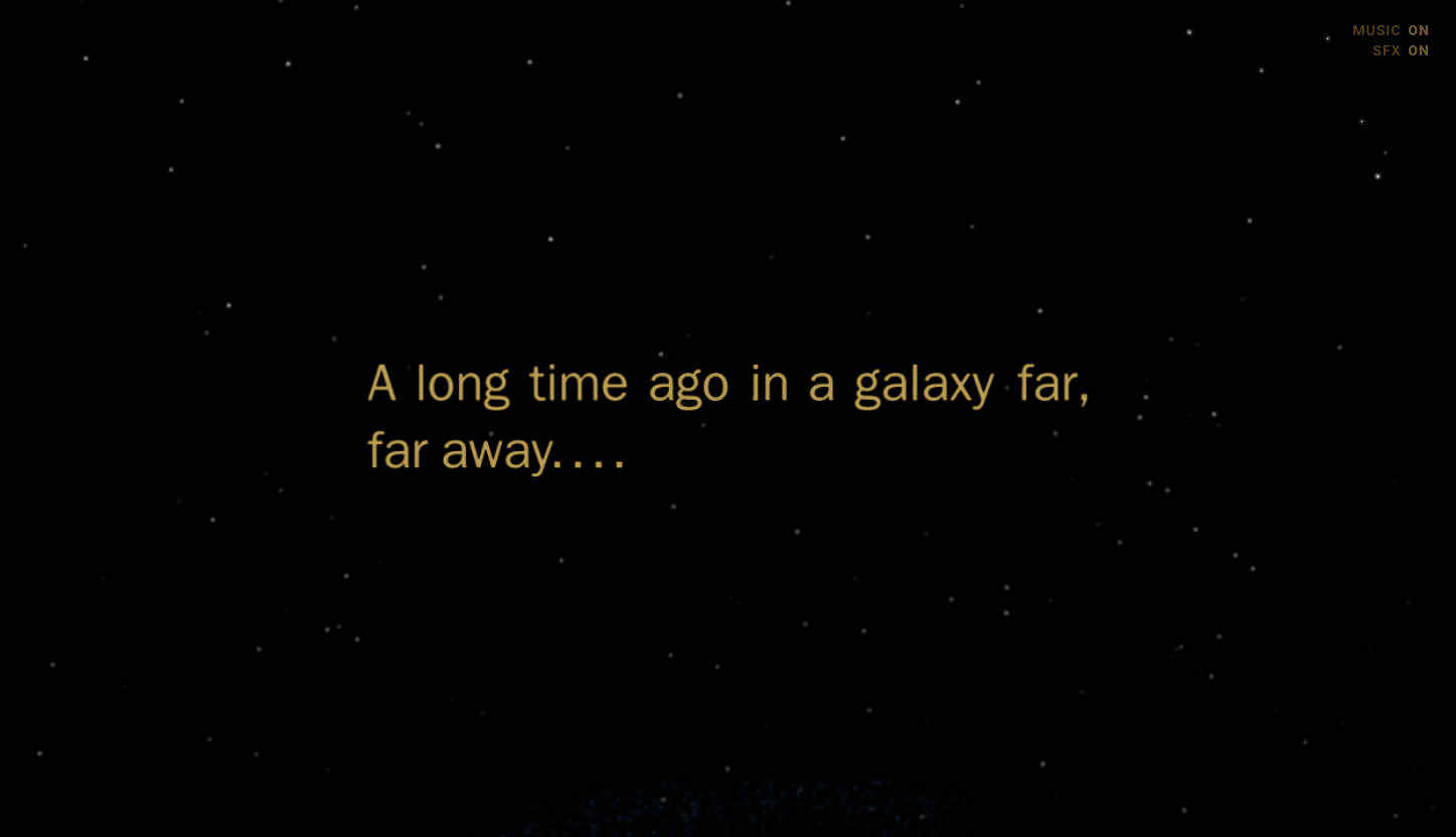 The iconic "A long time ago in a galaxy, far, far away...." text on the Star Wars Galaxy site