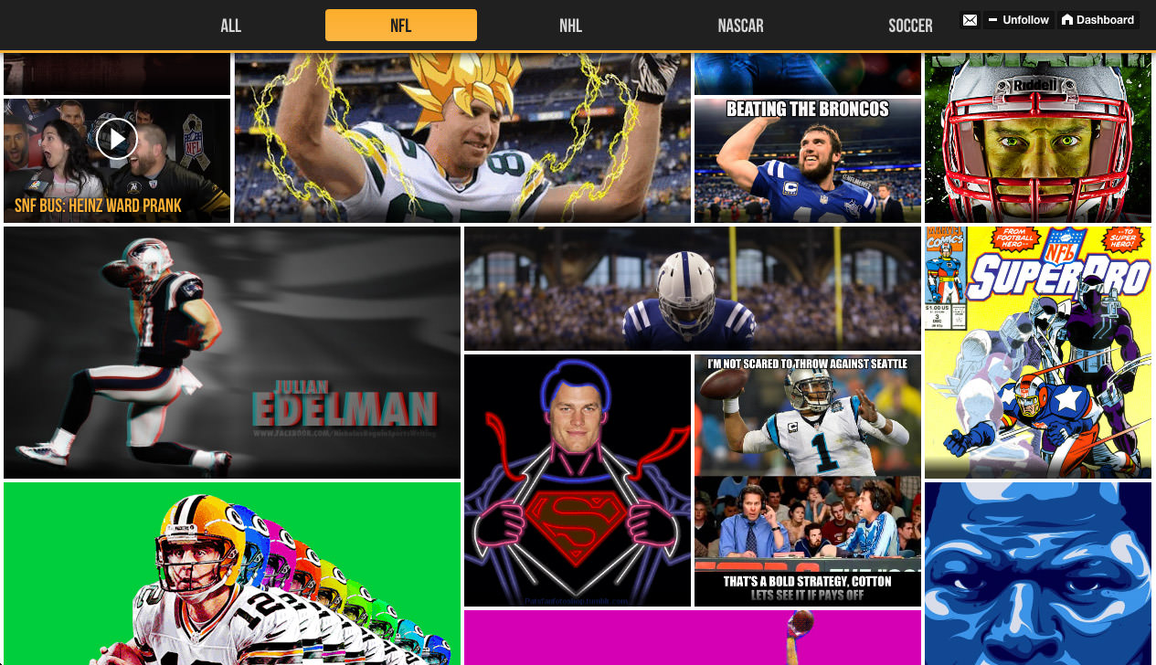 Homepage grid for the NBC Sports Super Bowl site, combining NBC GIFs, NFL GIFs, and Super Bowl commercials