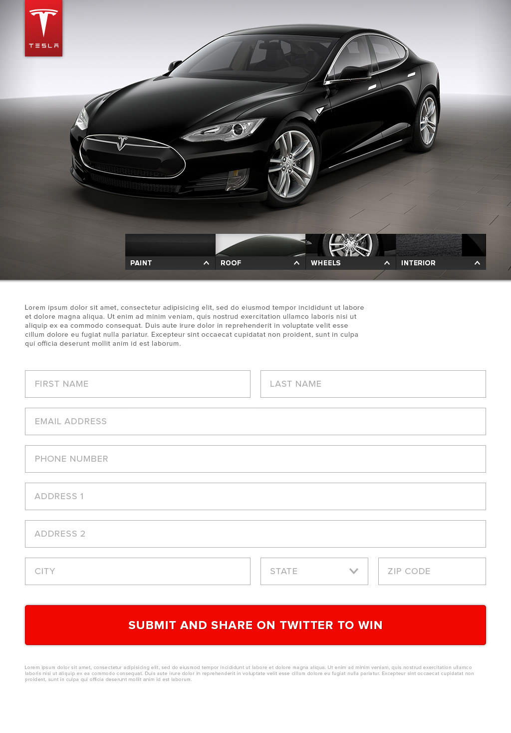 Homepage "build your custom Tesla" design for the Tesla promotional site