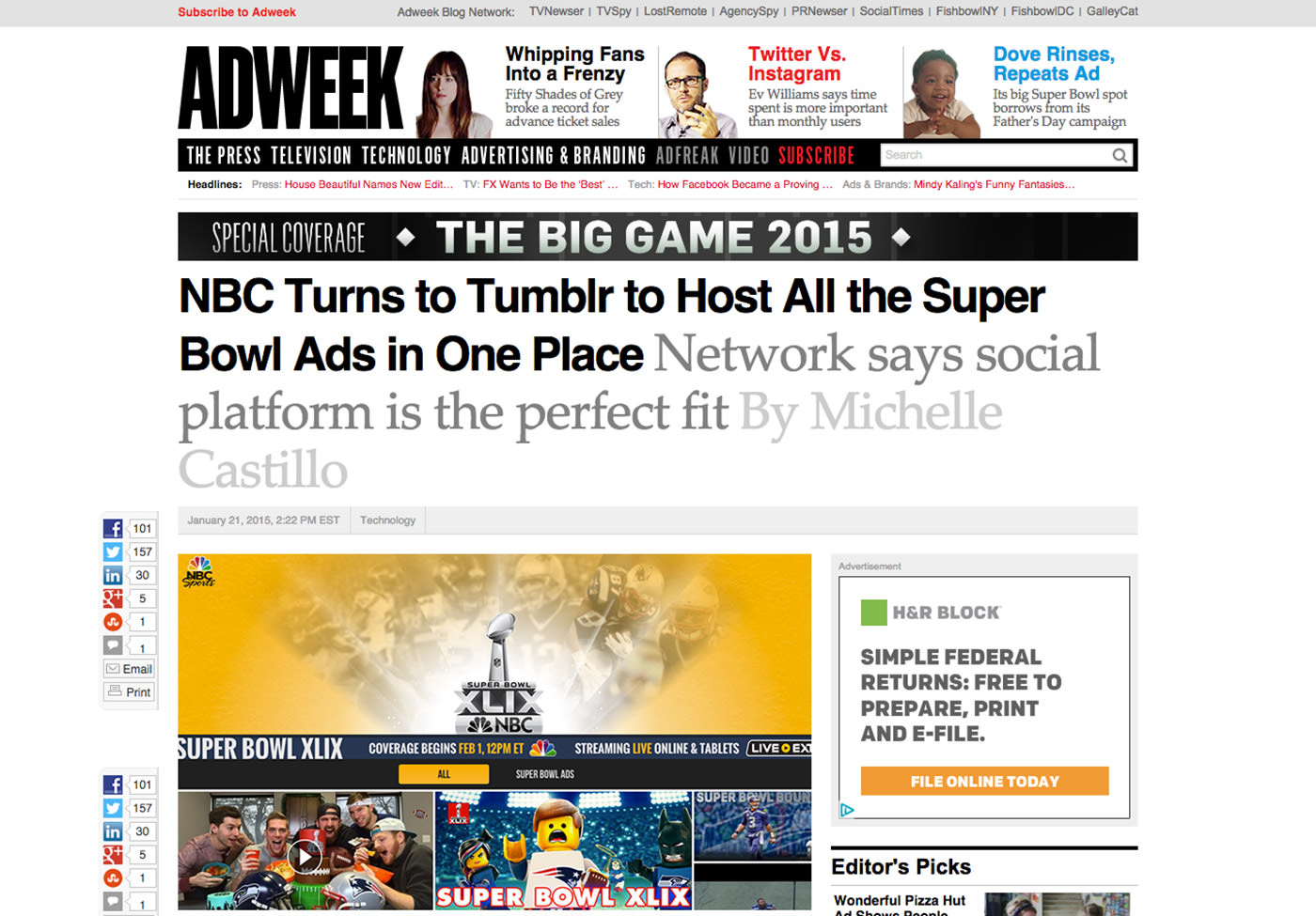 Adweek coverage of the NBC Sports Super Bowl site: "NBC Turns to Tumblr to Host All the Super Bowl Ads in one Place"