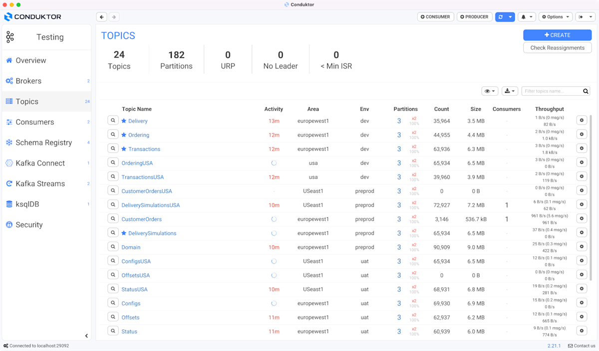 Apache Kafka recent activity tab