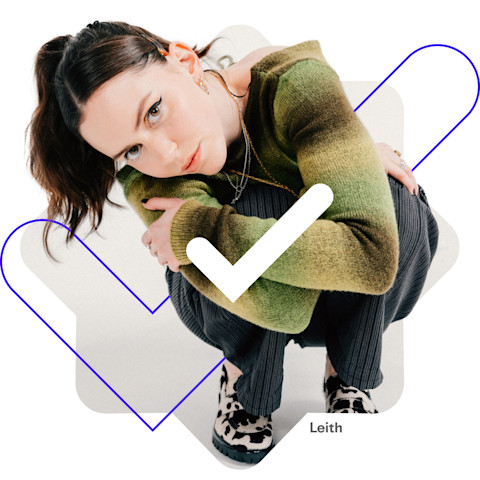Graphic of the artist Leith with a check mark in the background